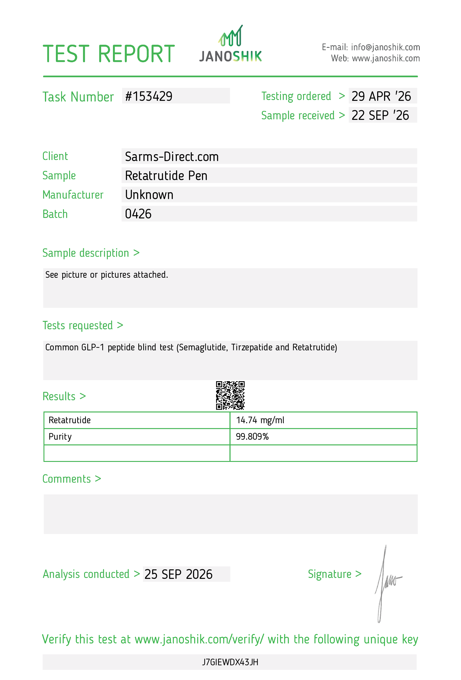 Janoshik Fremdlabor-Bericht, Aufgabe 153429: Retatrutide-Pen, Charge 0426, 14,74 mg/ml, Reinheit 99,809 %, analysiert am 25. September 2026